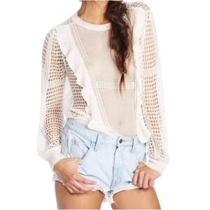 Wildfox Crocheted Mesh Knit Top Sz XS Cream Long Sleeve Distressed